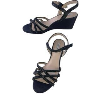 Alex Marie Womens Makira Black Sparkle Rhinestones Strappy Wedge Sandal Size 9.5